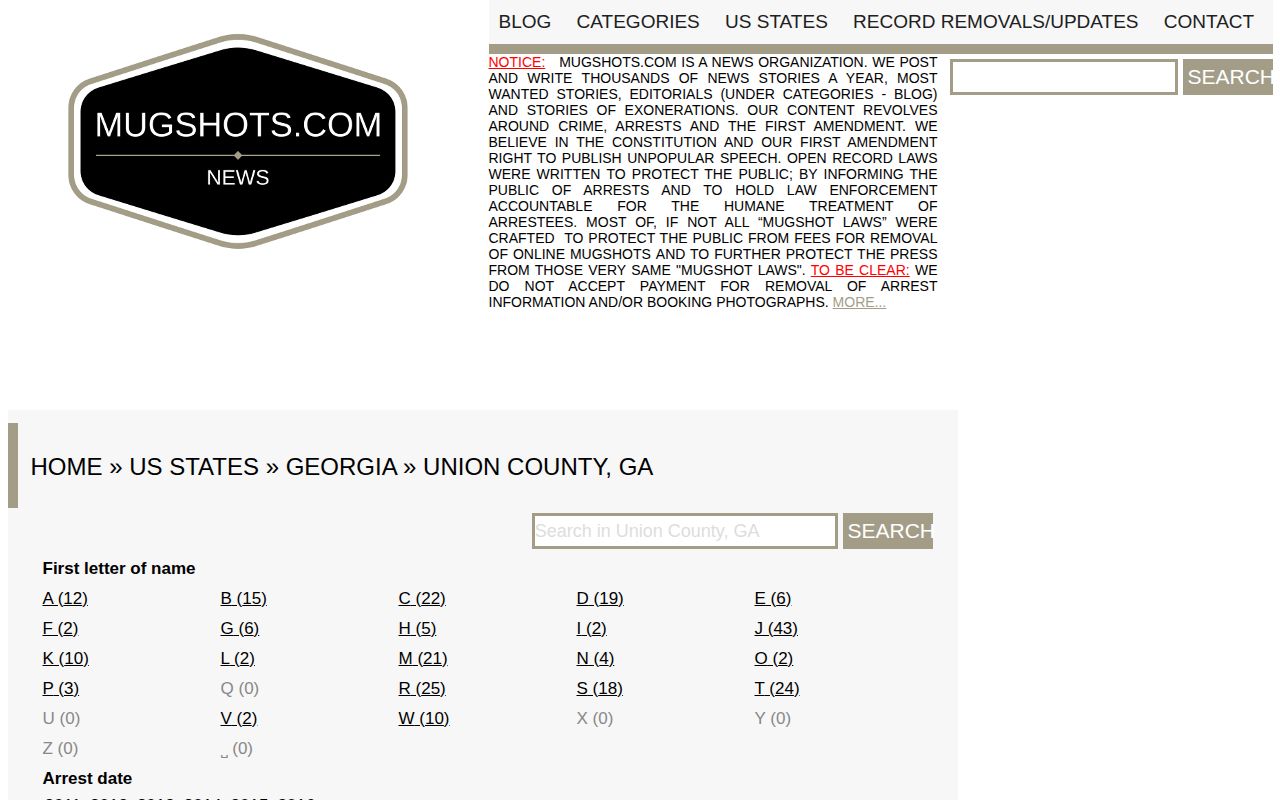 Historical Mugshots.com Union County page and stale record warning
