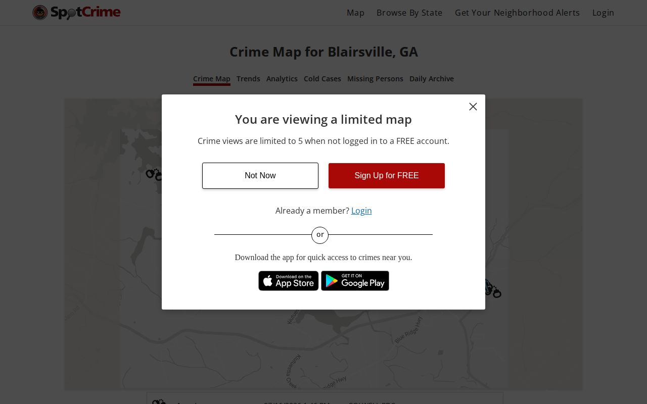 Union County Blairsville incident map as a non-mugshot crime-news source