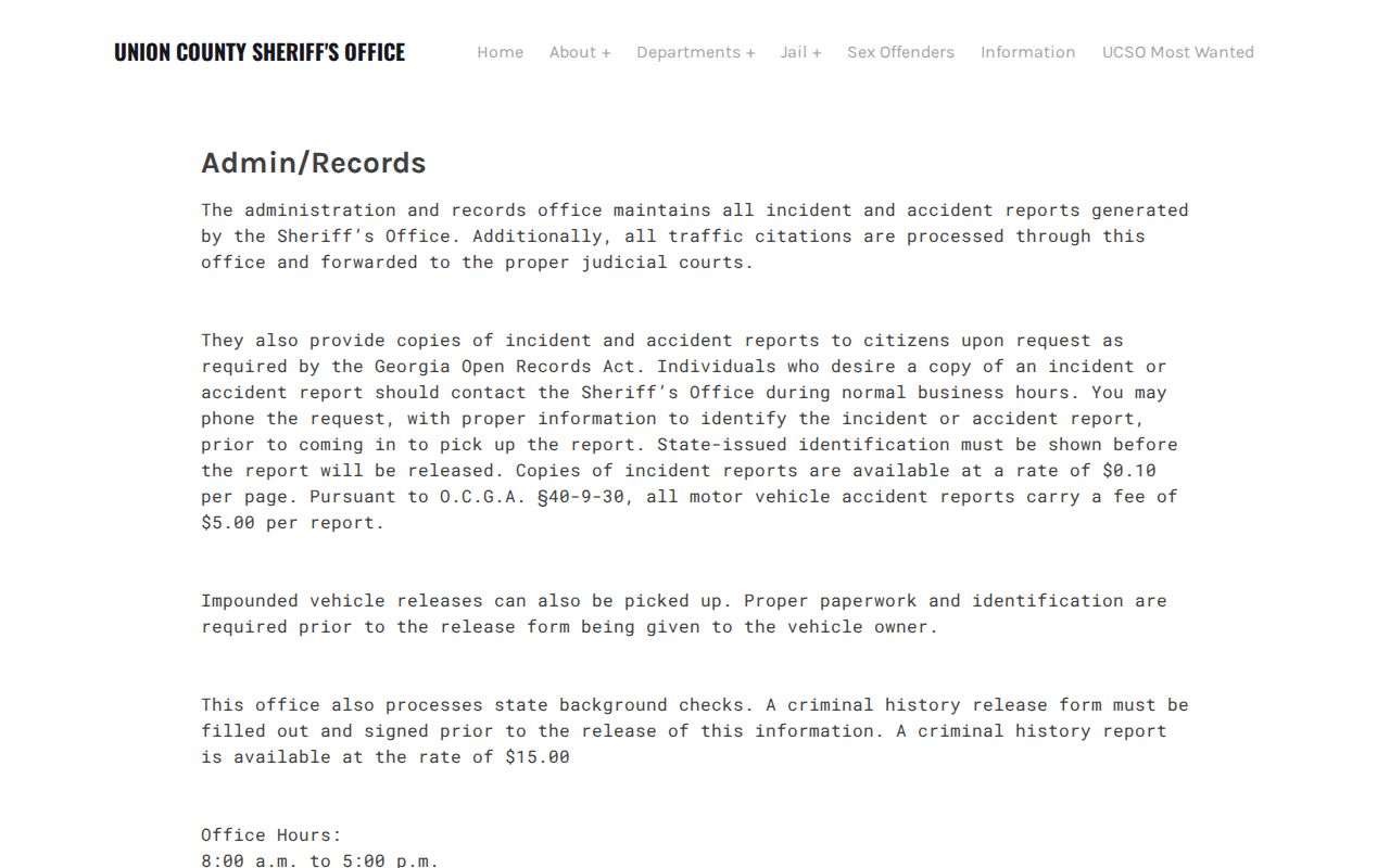 Union County Sheriff's Office records request information for booking records