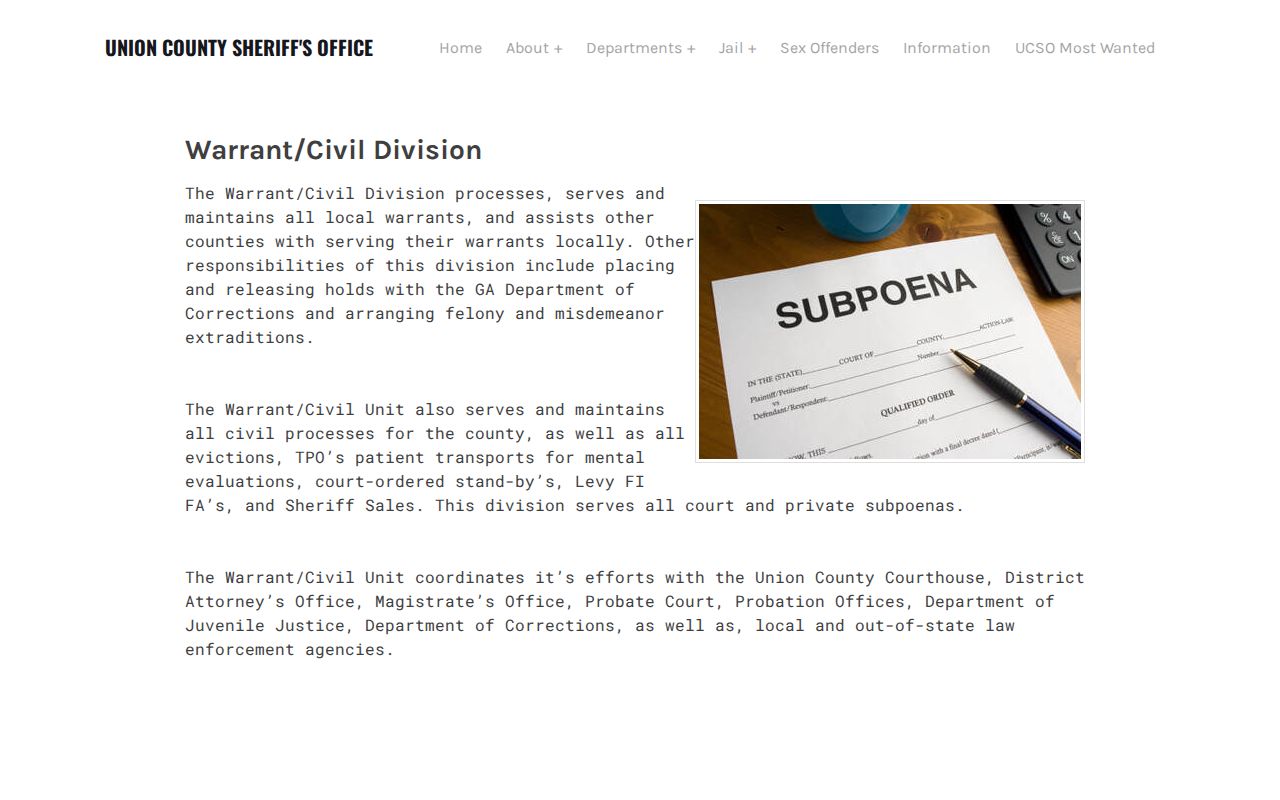 Union County Sheriff's warrant and civil division information