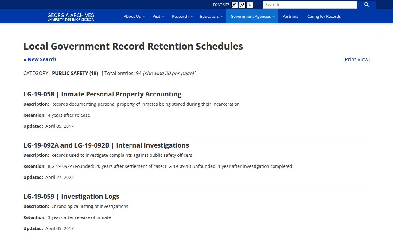 Union County jail booking record retention and Georgia Archives schedule